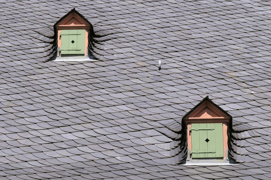 Slate rooftop with dormer windows